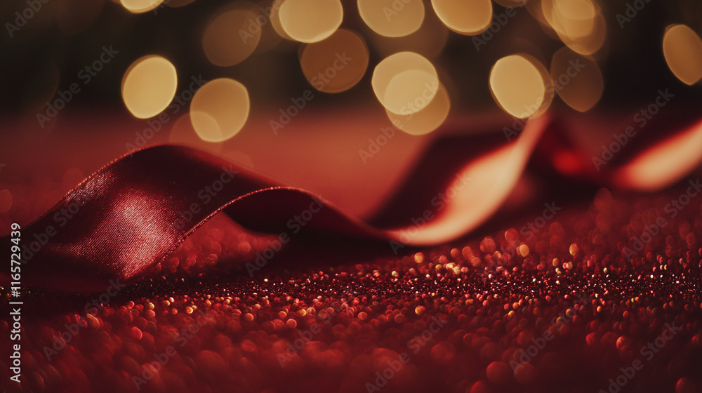 Poster shiny red ribbon on a glittering surface with golden bokeh background