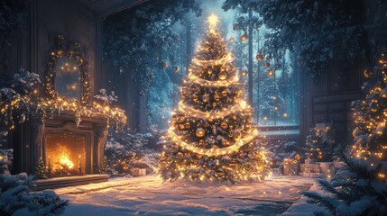 Elegant anime-style Christmas tree with warm lights in a cozy winter setting