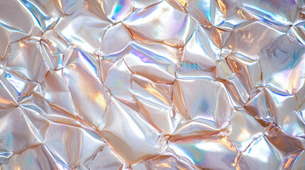 Abstract Grainy Holographic Background: Grainy Iridescent Silver Background in Soft Gradient Pearl Tones - Wrinkled Holographic Rainbow Silver Satin Foil with Shimmering Pearlescent Light Reflections