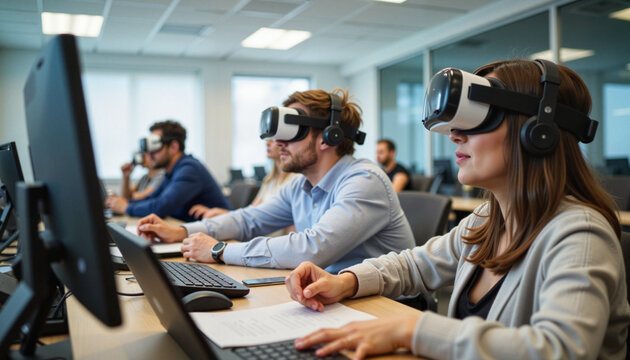 Students engaged in virtual reality session in modern classroom, innovation