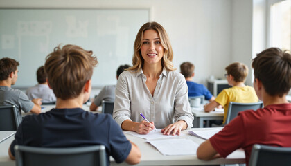 Obraz premium Young teacher conducting quiz in classroom with students, educational growth