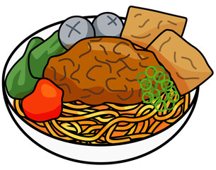 Chicken Noodles with Meatball and Vegetables illustration. indonesian traditional food