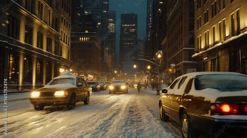 Wall mural Traffic in snowy city.