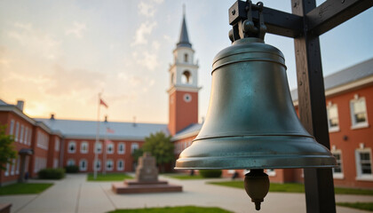 School bell tower ringing in peaceful courtyard, education concept