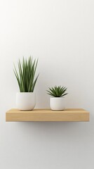 Fototapeta premium Stylish Minimalist Wooden Shelf with Potted Plants. Modern Home Decor with Succulents and Foliage. Simple and Elegant Interior Design