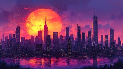 Obraz premium City Skyline at Sunset with a Large Orange Sun