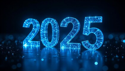 A futuristic 2025 text design with glowing blue lights and sparkling effects against a isolated  background, conveying a sense of technology, sparkling 2025 innovation design