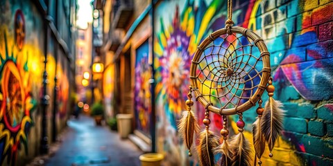 Obraz premium Dreamcatcher & Urban Graffiti Wall Art: Bohemian Chic Stock Photo