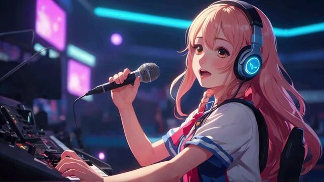 The VTuber girl grabs a microphone and sings, with a cute gaming chair animation bouncing to the beat, 2d flat anime-style illustration, 4k lofi hip-hop bites landscape music animation video