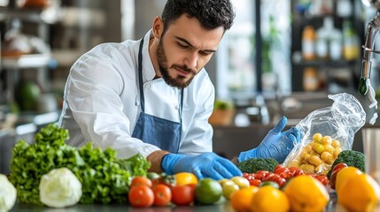 Fototapeta premium Chef preparing fresh produce in a kitchen.