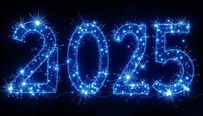 A futuristic 2025 text design with glowing blue lights and sparkling effects against a isolated  background, conveying a sense of technology, sparkling 2025 innovation design