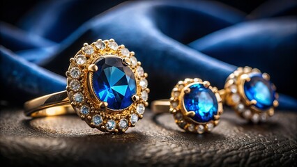 Elegant Blue Gemstone Jewelry: Gold Ring & Earrings on Black Velvet