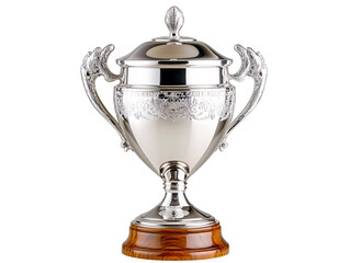 Isolated Silver Trophy Cup with Detailed Design and Wooden Base