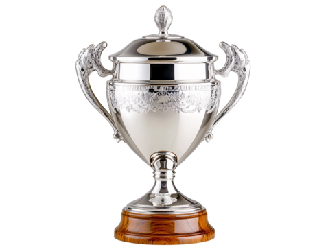 Isolated Silver Trophy Cup with Detailed Design and Wooden Base