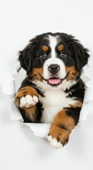 Adorable Bernese Mountain Dog Puppy Peeking Through Torn Paper - Fluffy and Playful Pet Design
