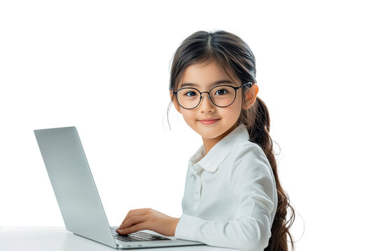 smiling litte girl with laptop isoalted on white