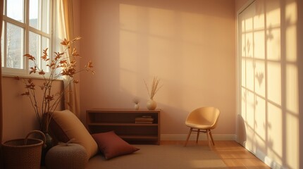 Fototapeta premium Sunlit room with beige walls, wooden furniture, and cozy seating. Warm, inviting atmosphere.