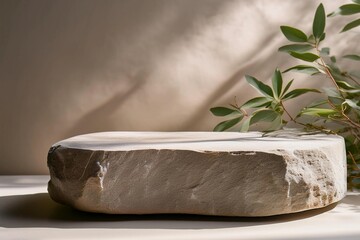 Minimal natural stone background for branding and packaging presentation. Textured stone on a beige background with leaves shadows
