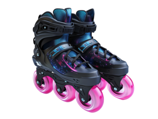 Isolated Pair of Black Roller Skates with Pink Wheels