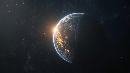 Fototapeta premium Earth in the glow of sunrise as seen from the far side of the moon, with stars in the background.