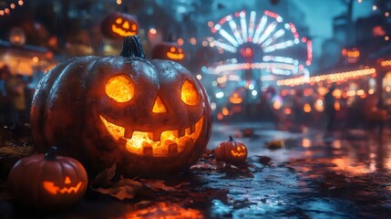 A pumpkin with a smiley face on it is surrounded by other pumpkins