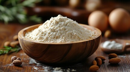 Fototapeta premium Almond Flour In Wooden Bowl Baking Ingredients