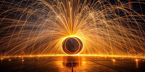 Nighttime spectacle of glowing fire trails creating a circular light show on a dark surface
