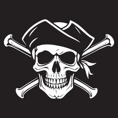 A black and white pirate skull silhouette design. Skull icon design 
