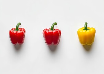 Three bell peppers; red, red, yellow, on white background.