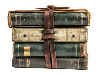 Isolated Stack of Old Green Books Tied with Leather Strap