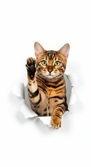 Bengal Cat Peeking Through Torn Paper - Playful and Exotic Feline Charm