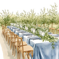 Watercolor illustration of a long table set for a wedding or event outdoors, surrounded by lush greenery.