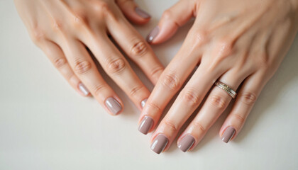 Fototapeta premium Elegant hands with manicured nails resting on a flat surface