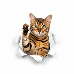 Bengal Cat Peeking Through Torn Paper - Playful and Exotic Feline Charm