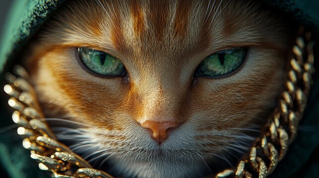 Close-up portrait of a ginger cat wearing a green hoodie and gold chain.