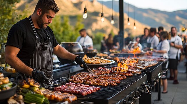 Chef grilling meats at outdoor barbecue event.