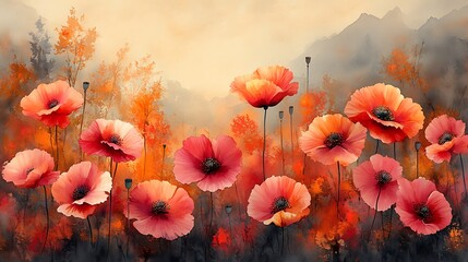 Obraz premium Autumn Poppies Bloom Before Misty Mountains