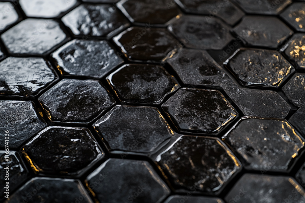 Poster close-up of textured black hexagonal tiles with reflective surface