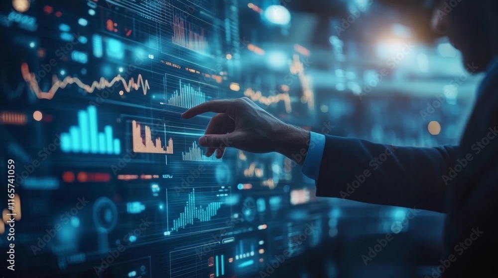 Fototapete A professional analyzing data on a digital screen, showcasing graphs and statistics in a futuristic environment.