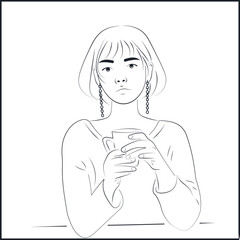 Line Art Asian Woman Drinking Coffee on White Background