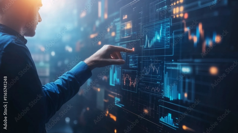Poster a person interacts with a digital display showcasing data visualizations and graphs in a futuristic 