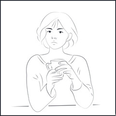 Line Art Asian Woman Drinking Coffee on White Background