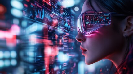 A futuristic image featuring a woman wearing high-tech goggles, immersed in a digital environment filled with vibrant data streams and glowing graphics.