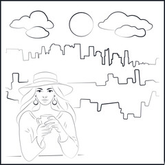 Big city. White Woman in Hat Drinking Coffee at Cafe