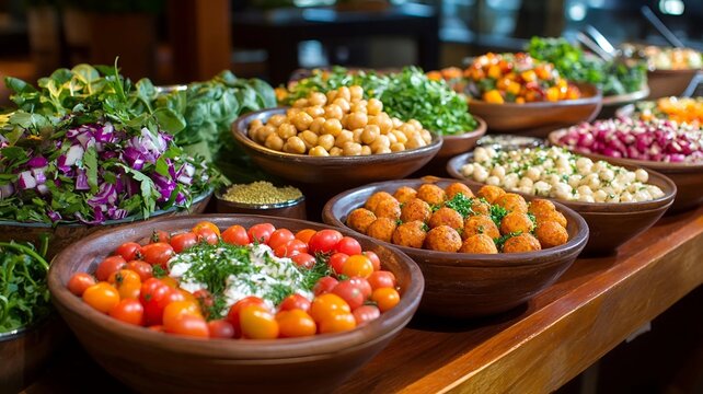 Hummus, falafel, garbanzos y verduras junto a otra comida de estilo &aacute;rabe
