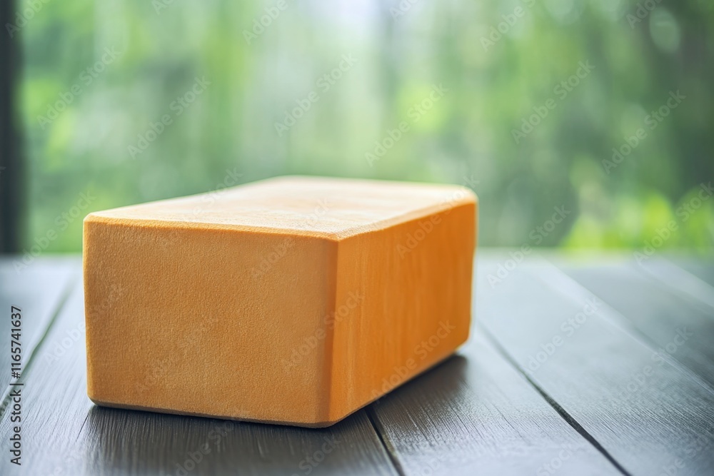 Poster wooden block resting on a dark table with natural light in a serene environment