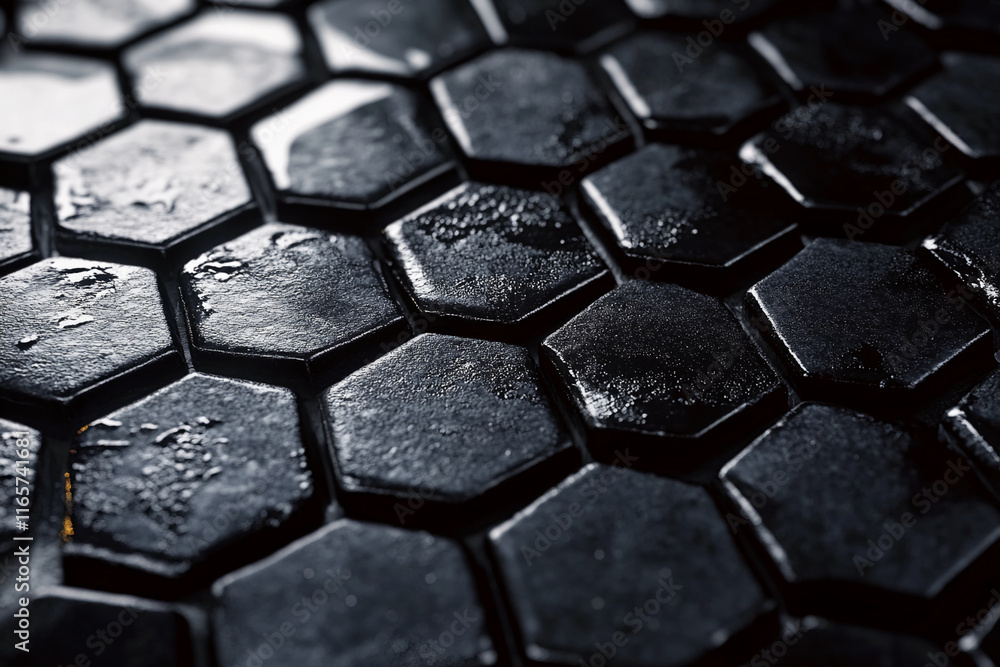 Poster Close-Up of Glossy Black Hexagonal Tiles with Reflective Texture