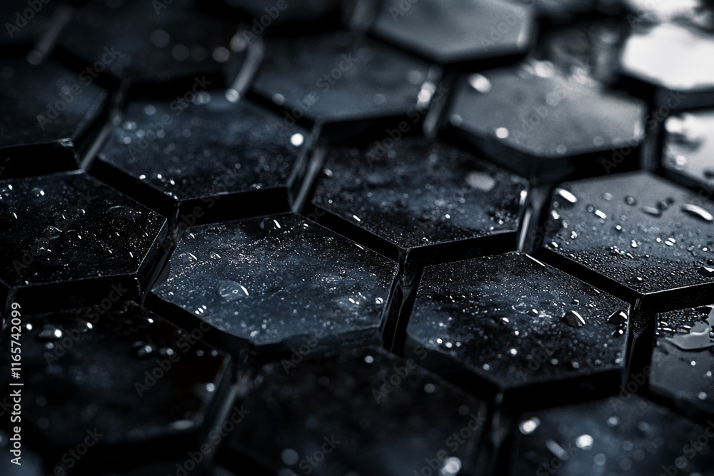 Poster Macro Shot of Wet Black Hexagonal Tiles with Reflective Surface