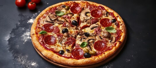 Delicious pepperoni, mushroom, and olive pizza on dark background.