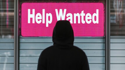 Contemplating New Beginnings: Hopeful Person in Front of "Help Wanted" Sign Urban Scene